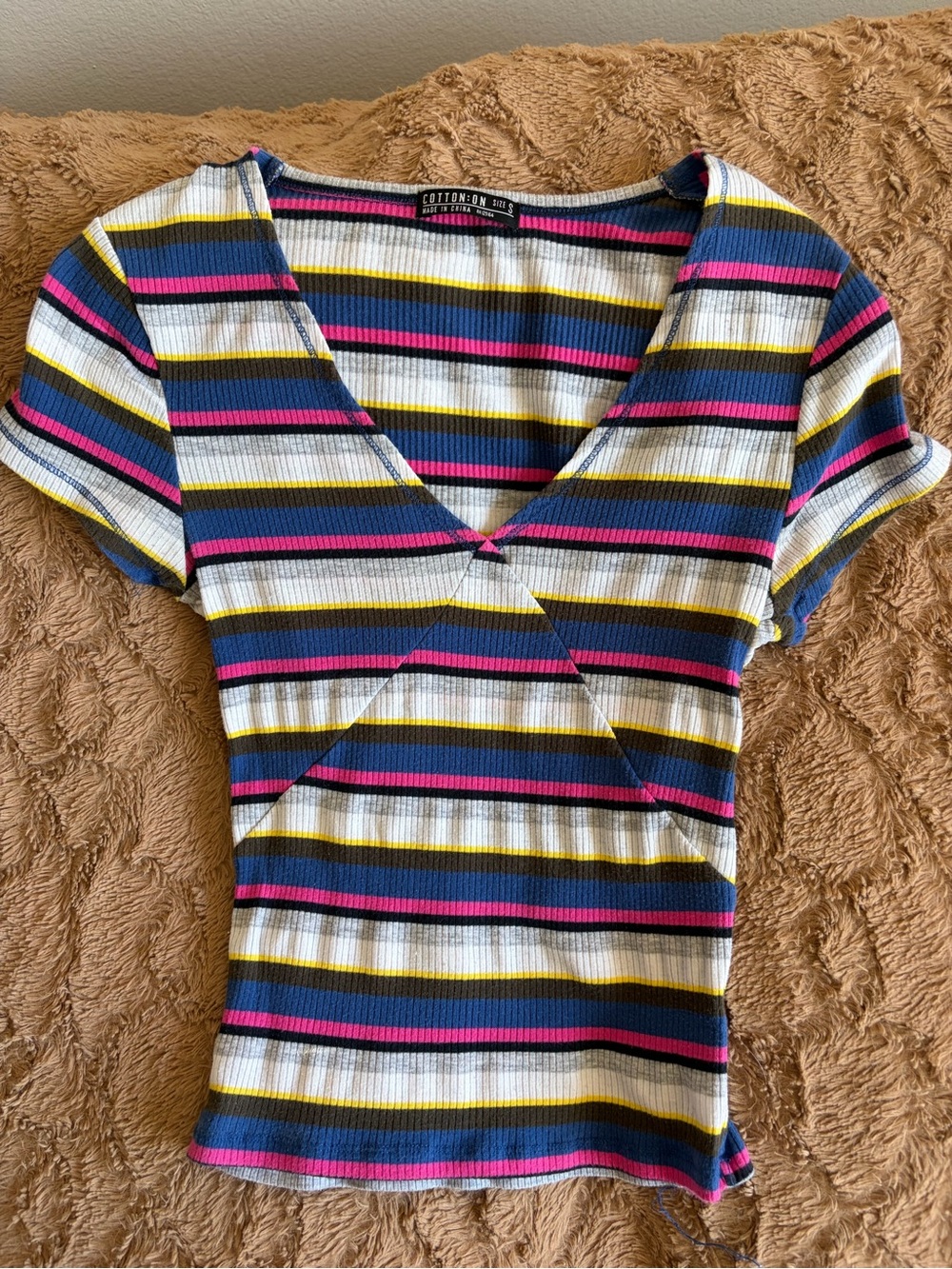 Cotton On Multicolor Striped Ribbed V-Neck Short Sleeve Top